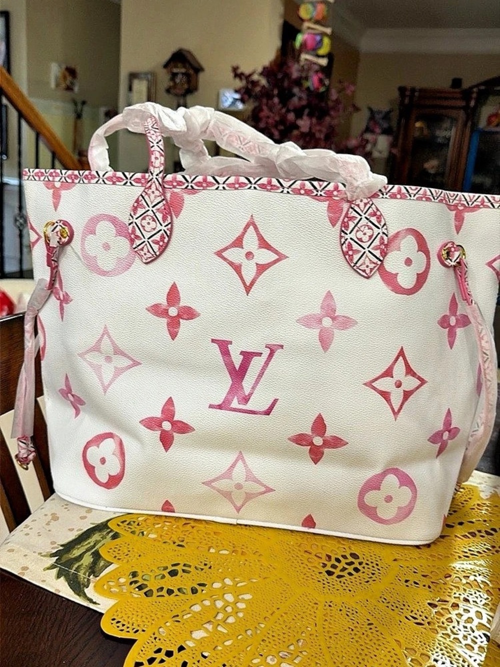 Neverfull MM By The Pool Tote Pink & White